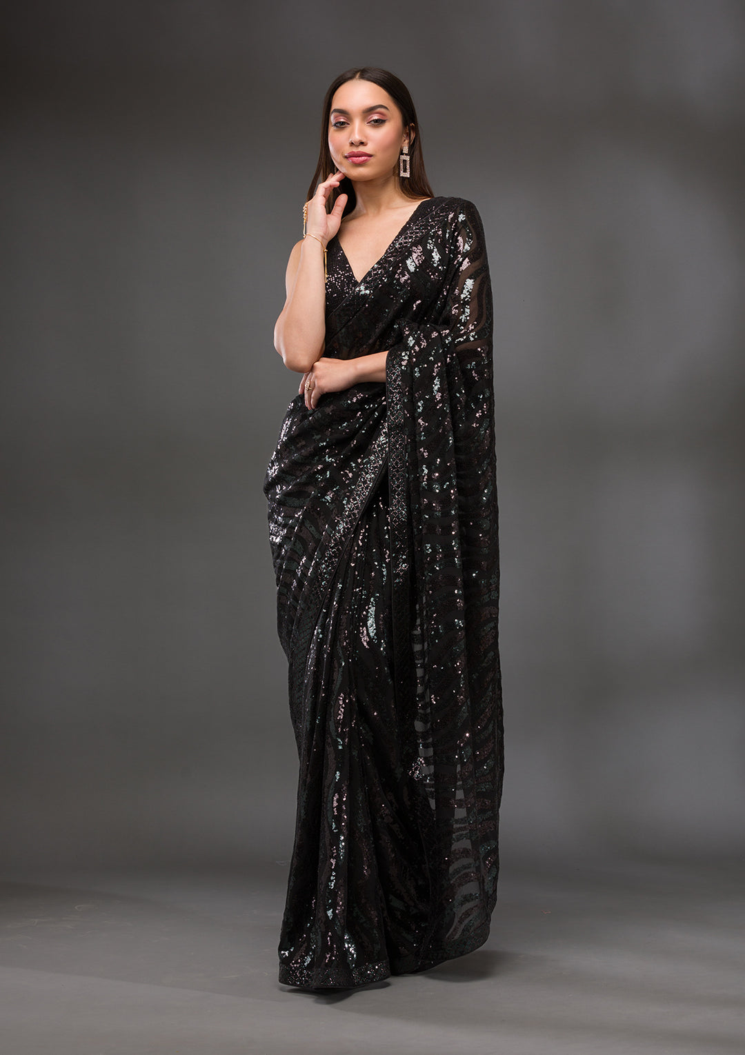 Black Sequins Georgette Saree