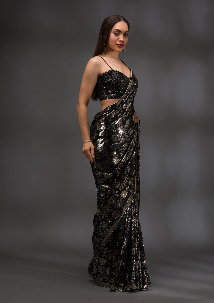 Black Sequins Georgette Saree