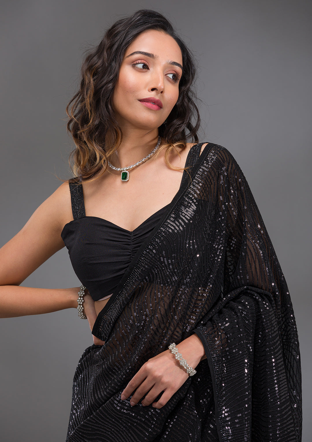 Black Sequins Georgette Saree