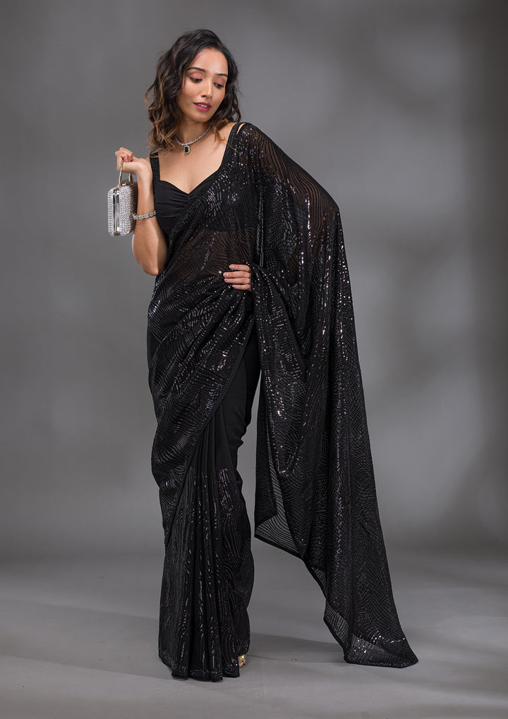 Black Sequins Georgette Saree