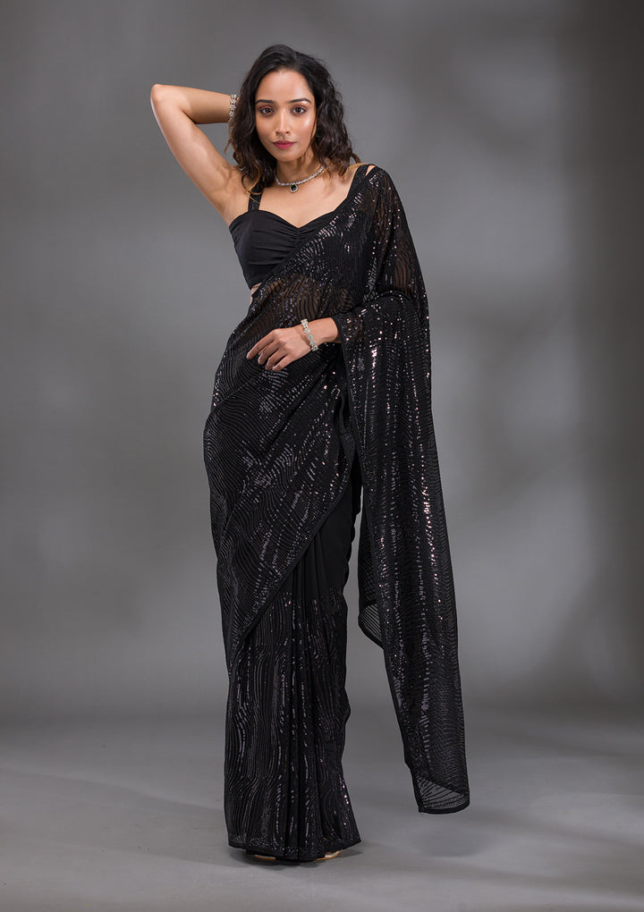 Black Sequins Georgette Saree