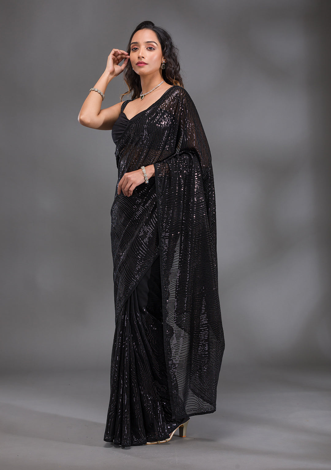 Black Sequins Georgette Saree