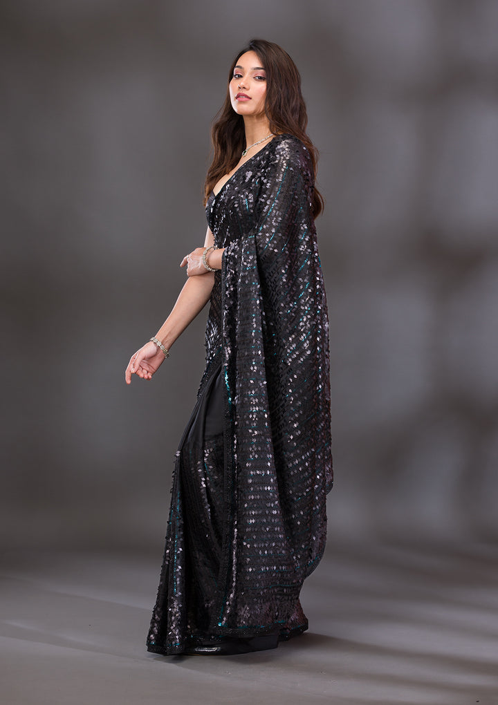 Black Sequins Georgette Saree