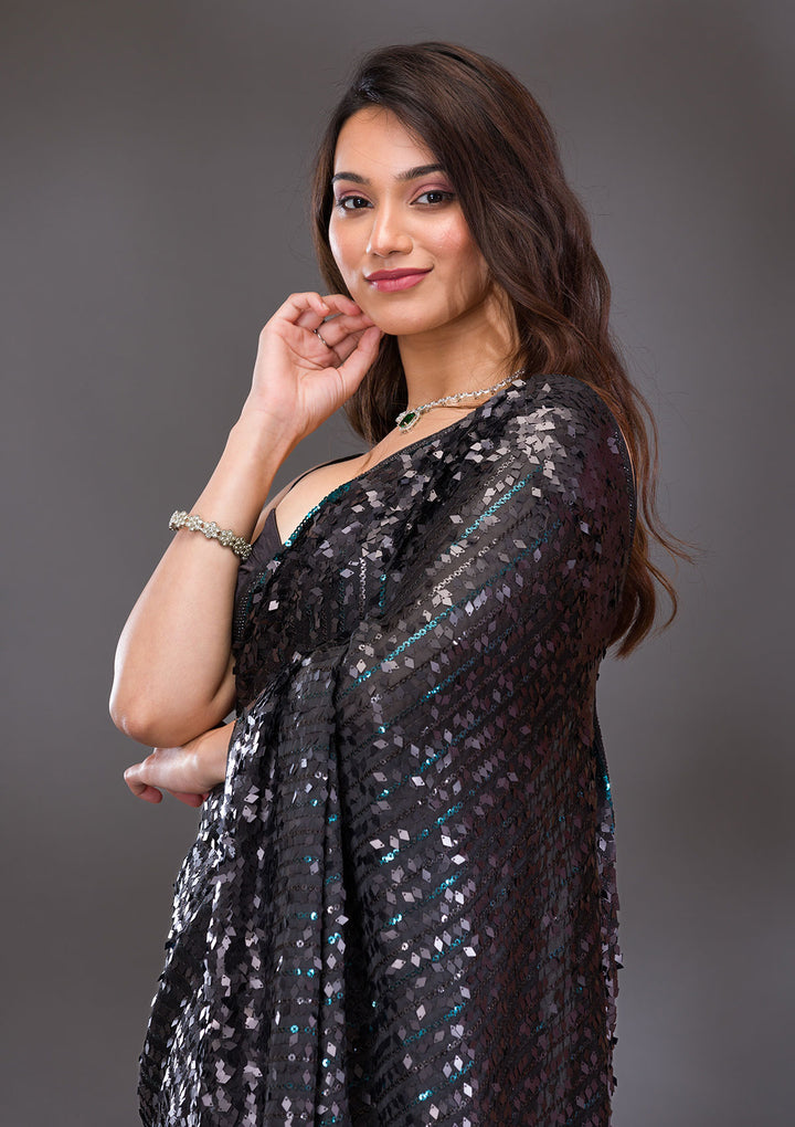 Black Sequins Georgette Saree