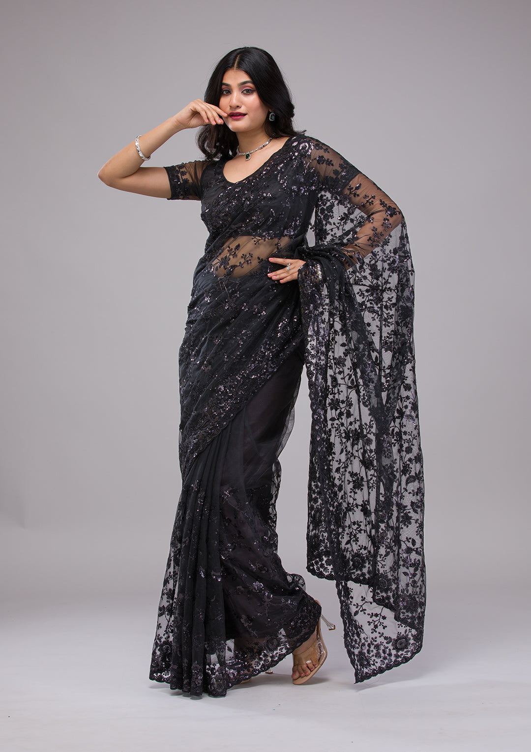 Top 10 Black Saree Party Wear: Where to Buy for Every Occasion 4 koskii black sequins net designer saree
