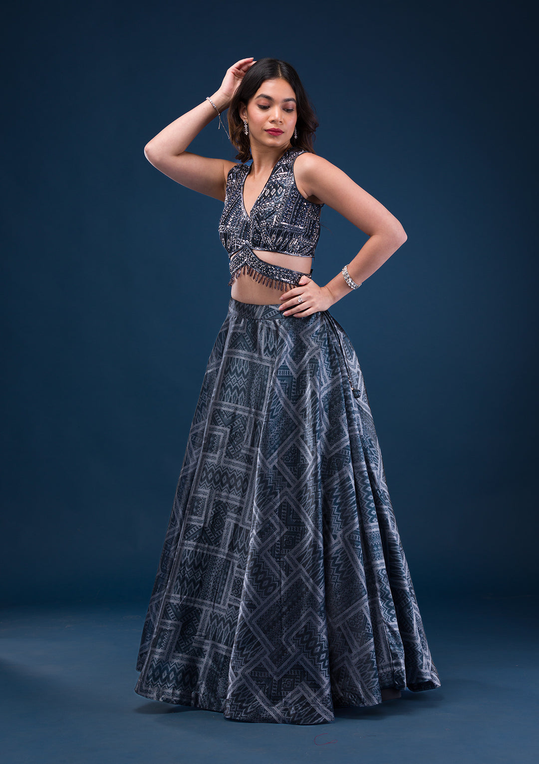Black Sequins Semi Crepe Readymade Lehenga