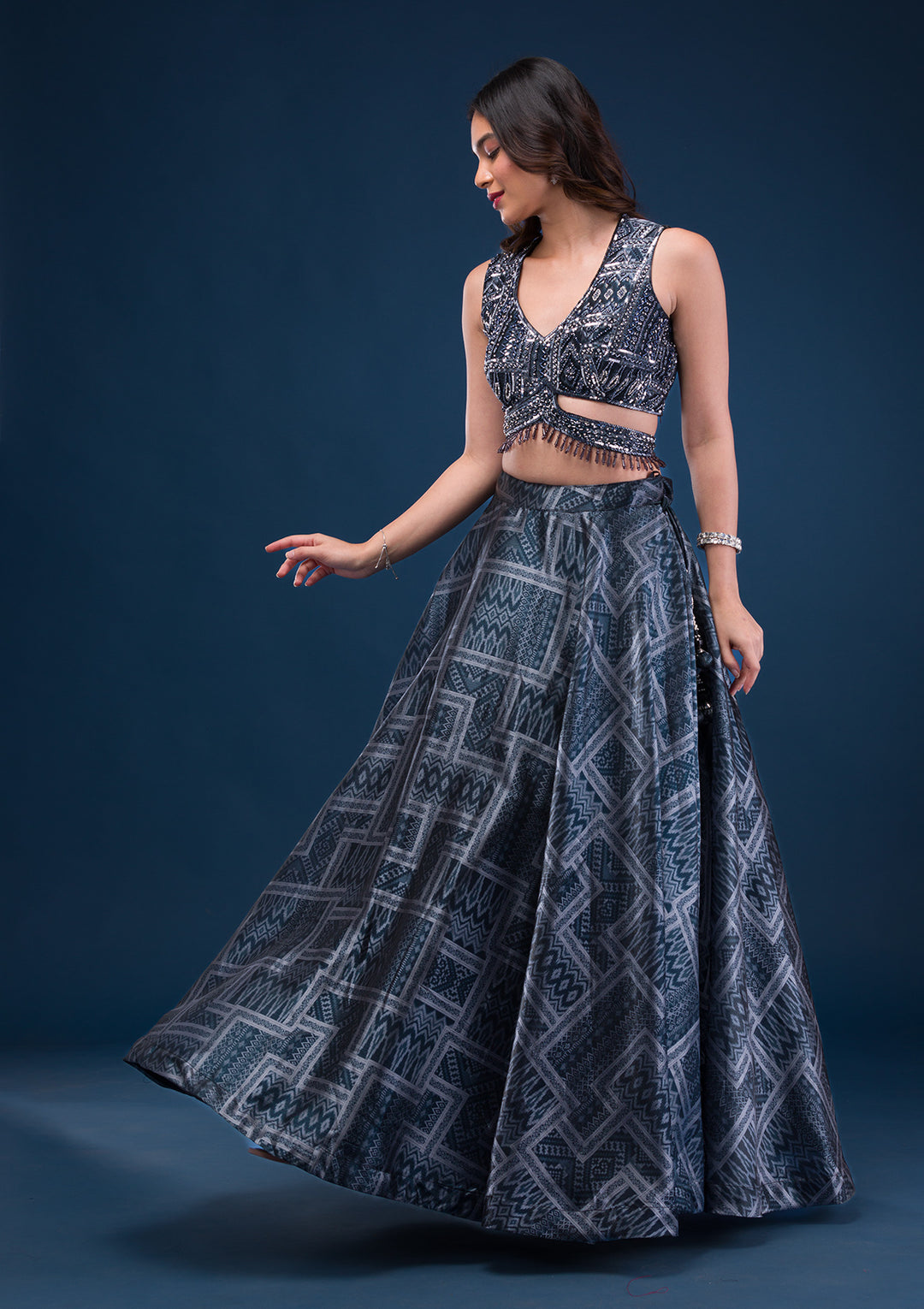 Black Sequins Semi Crepe Readymade Lehenga