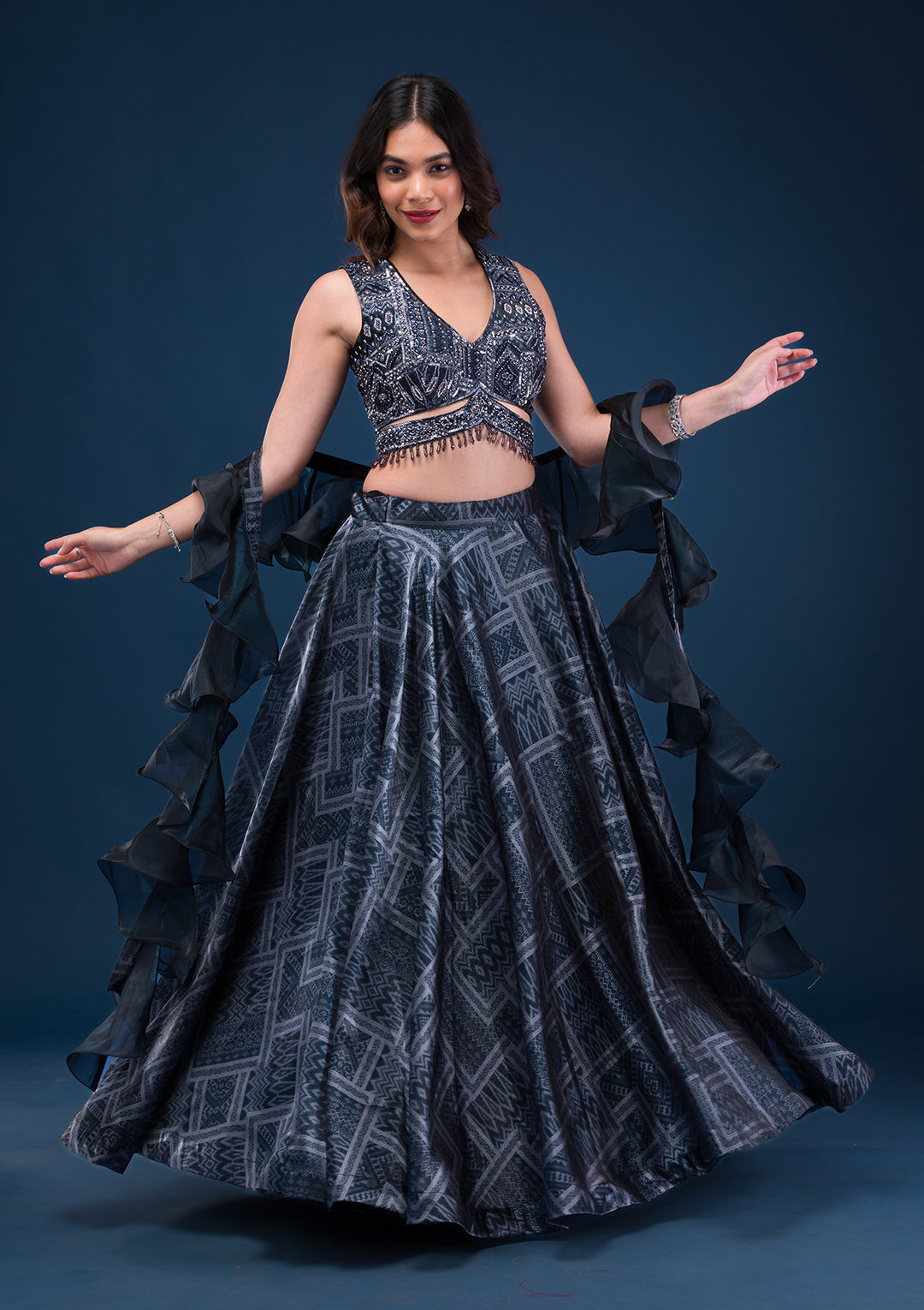 Black Sequins Semi Crepe Readymade Lehenga