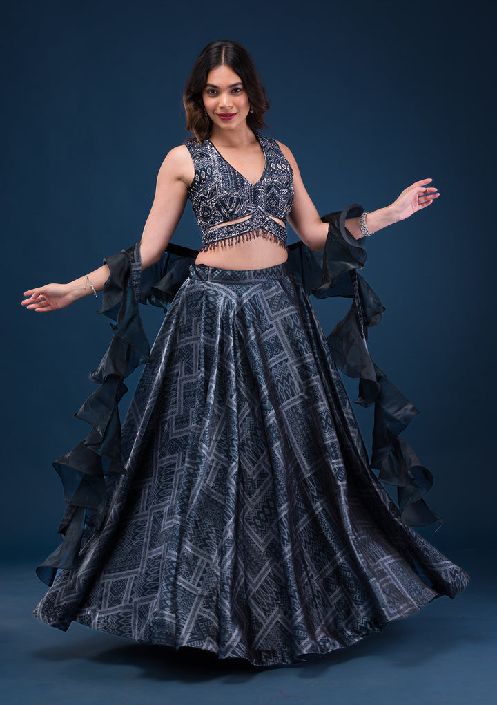 Black Sequins Semi Crepe Readymade Lehenga