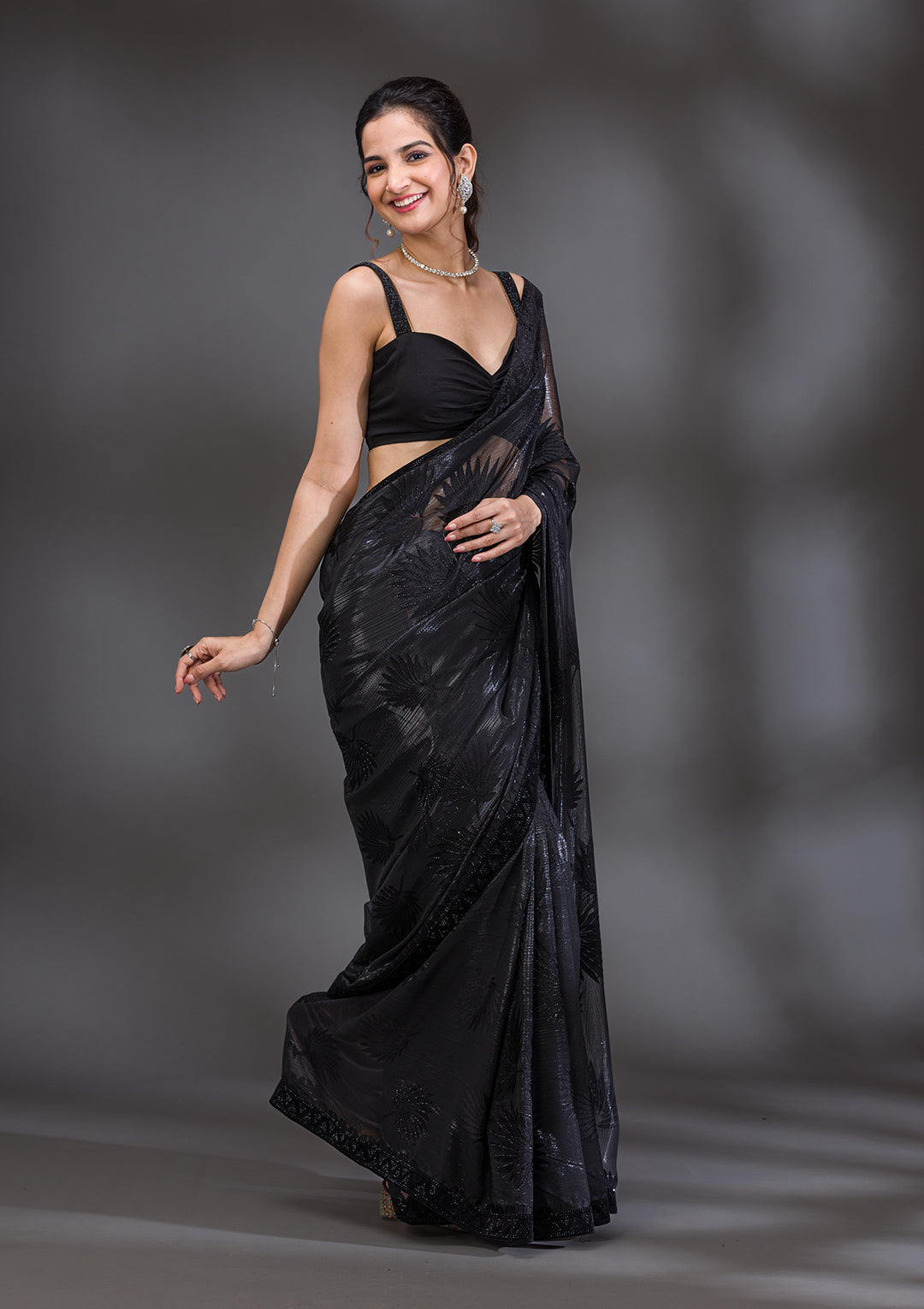Black Stonework Organza Saree