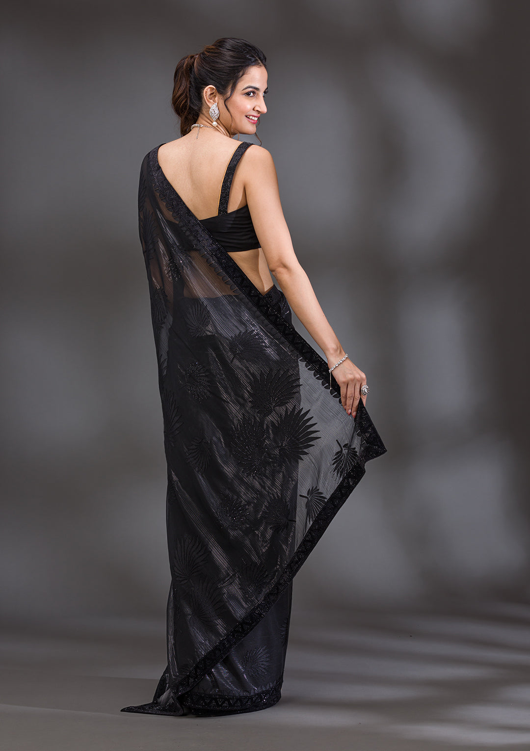 Black Stonework Organza Saree