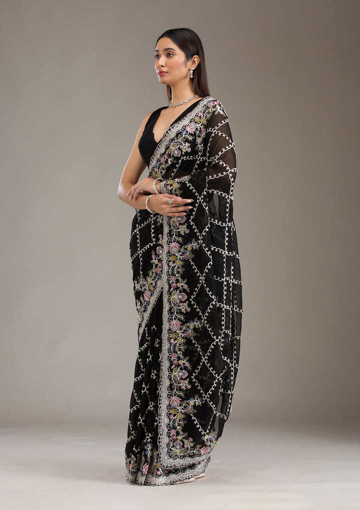 Black Stonework Tissue Saree
