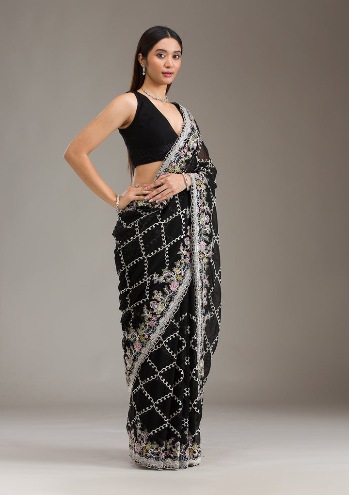 Black Stonework Tissue Saree
