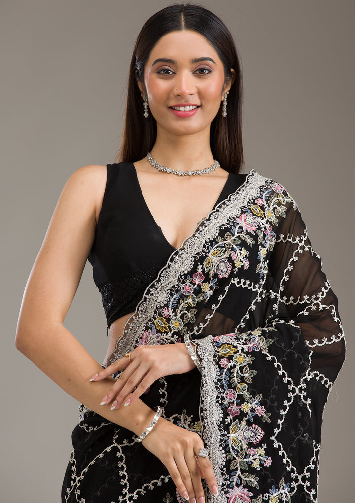 Black Stonework Tissue Saree