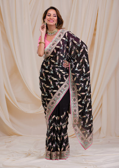 Black Swarovski Chiffon Saree-Koskii