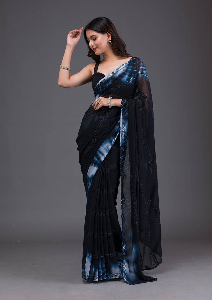 Black Swarovski Satin Saree