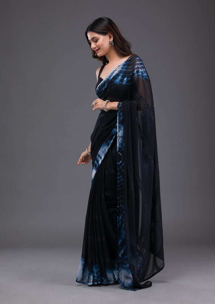 Black Swarovski Satin Saree