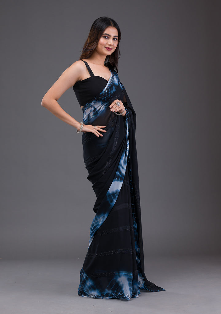 Black Swarovski Satin Saree