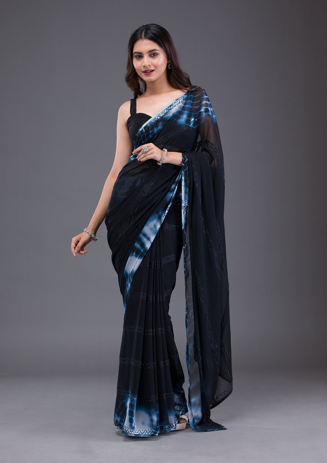 Black Swarovski Satin Saree