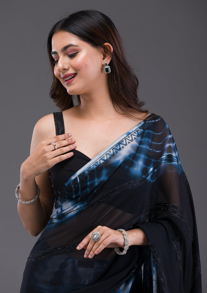 Black Swarovski Satin Saree