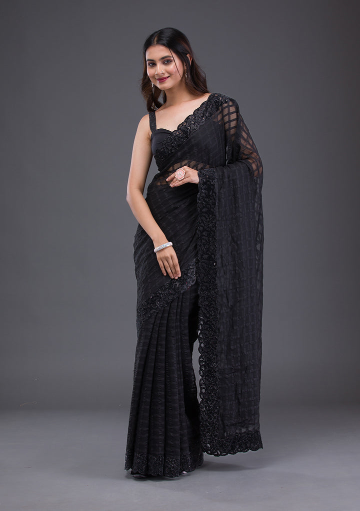 Black Swarovski Satin Saree