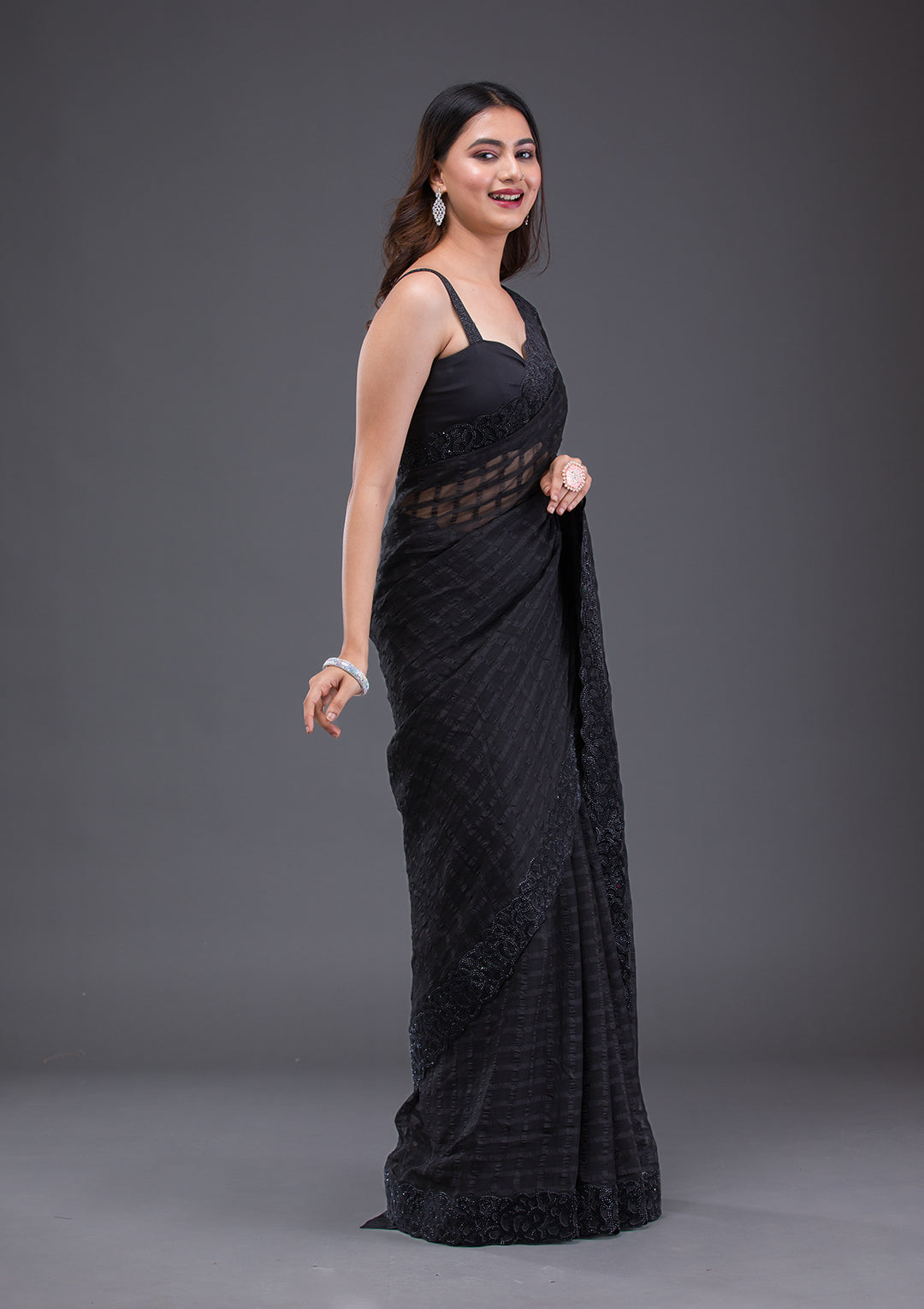 Black Swarovski Satin Saree