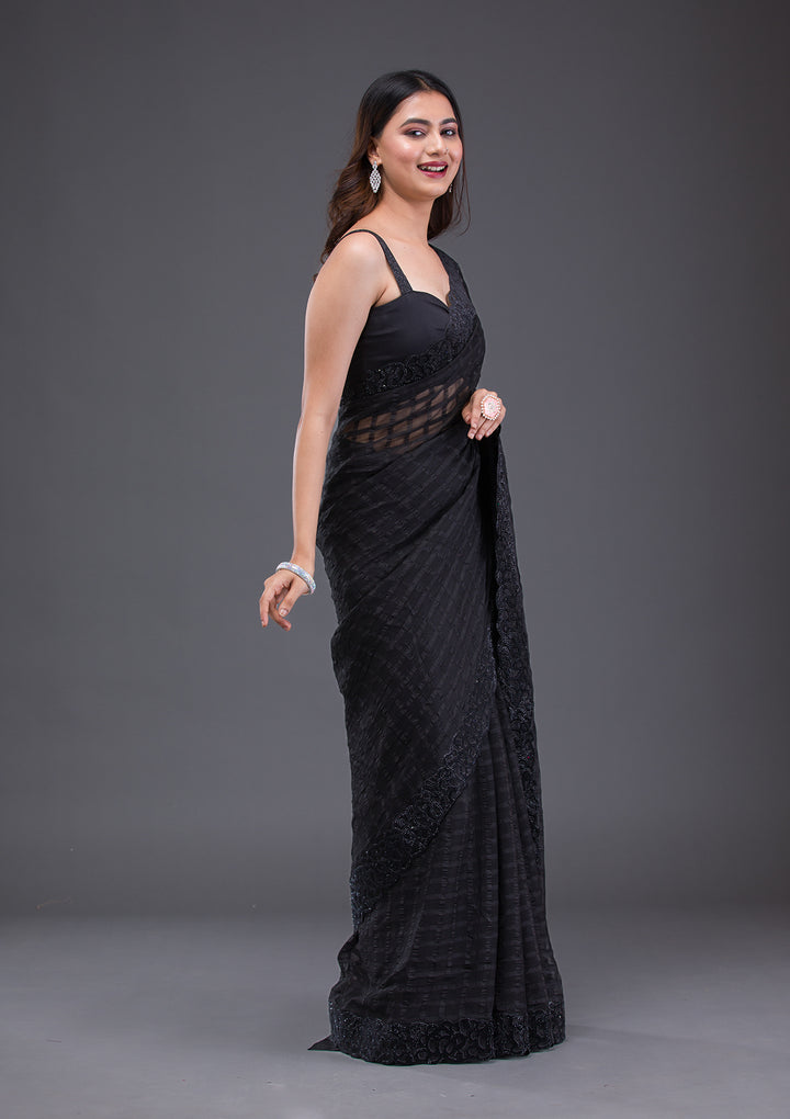 Black Swarovski Satin Saree