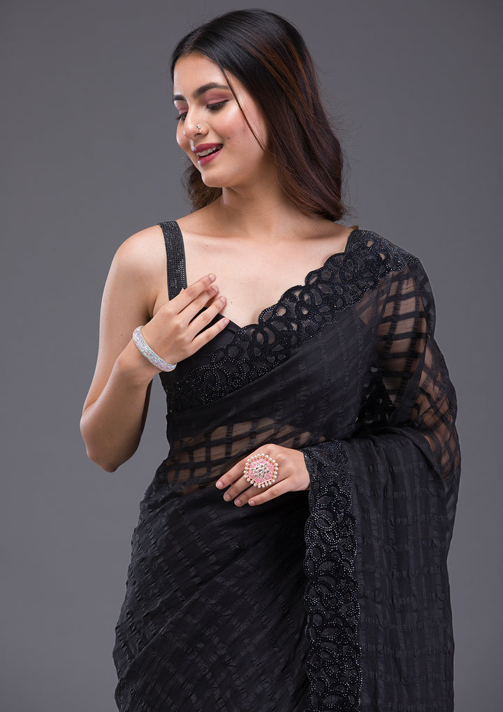 Black Swarovski Satin Saree