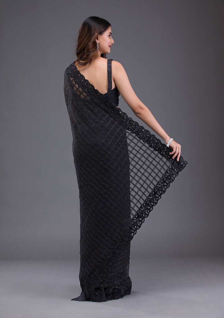 Black Swarovski Satin Saree