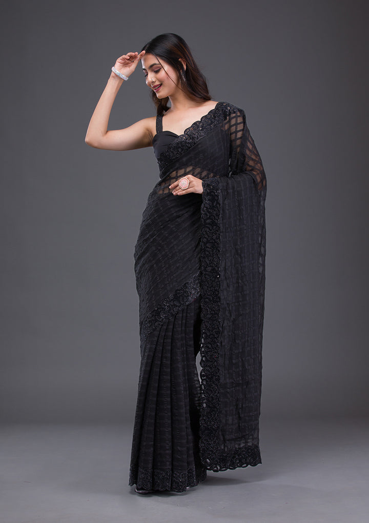 Black Swarovski Satin Saree
