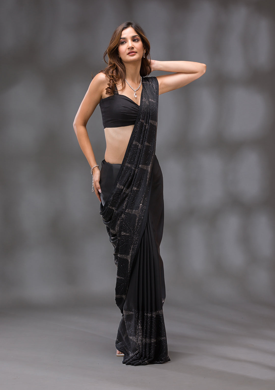 Top 10 Black Saree Party Wear: Where to Buy for Every Occasion 11 koskii black swarovski satin designer saree