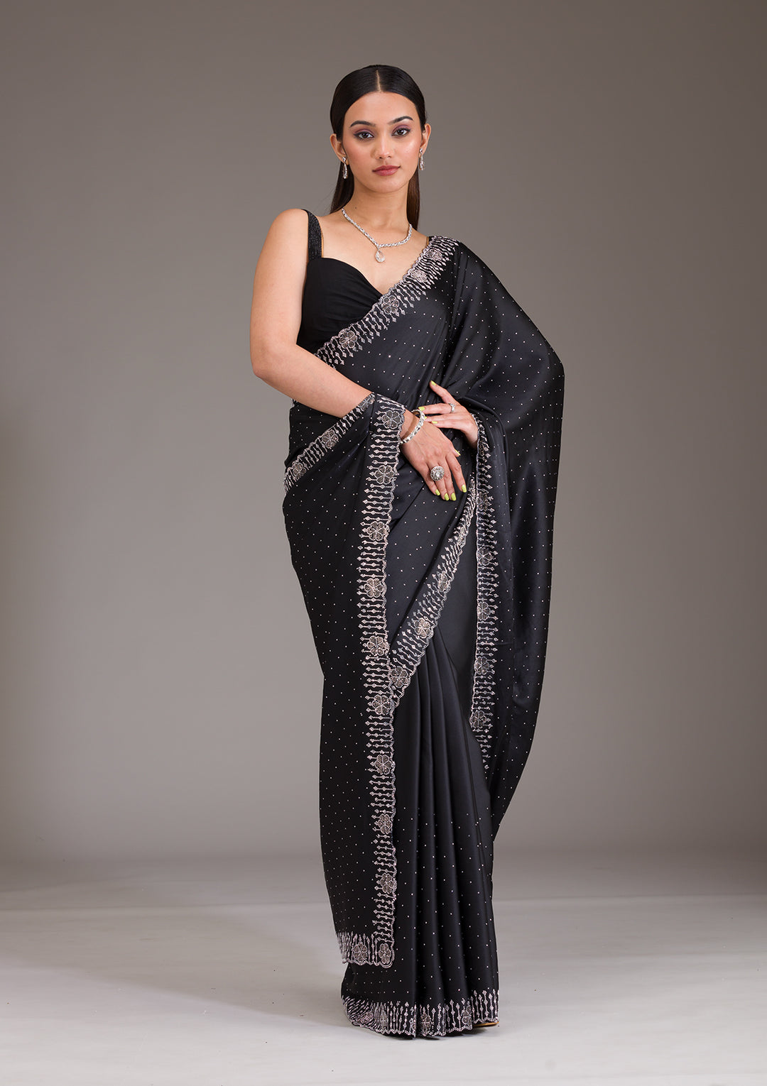 Top 10 Black Saree Party Wear: Where to Buy for Every Occasion 9 koskii black swarovski satin designer saree