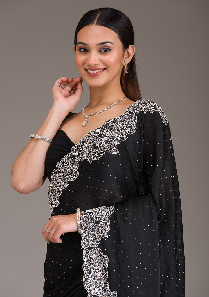 Black Swarovski Satin Saree