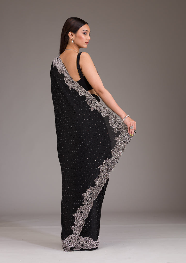 Black Swarovski Satin Saree