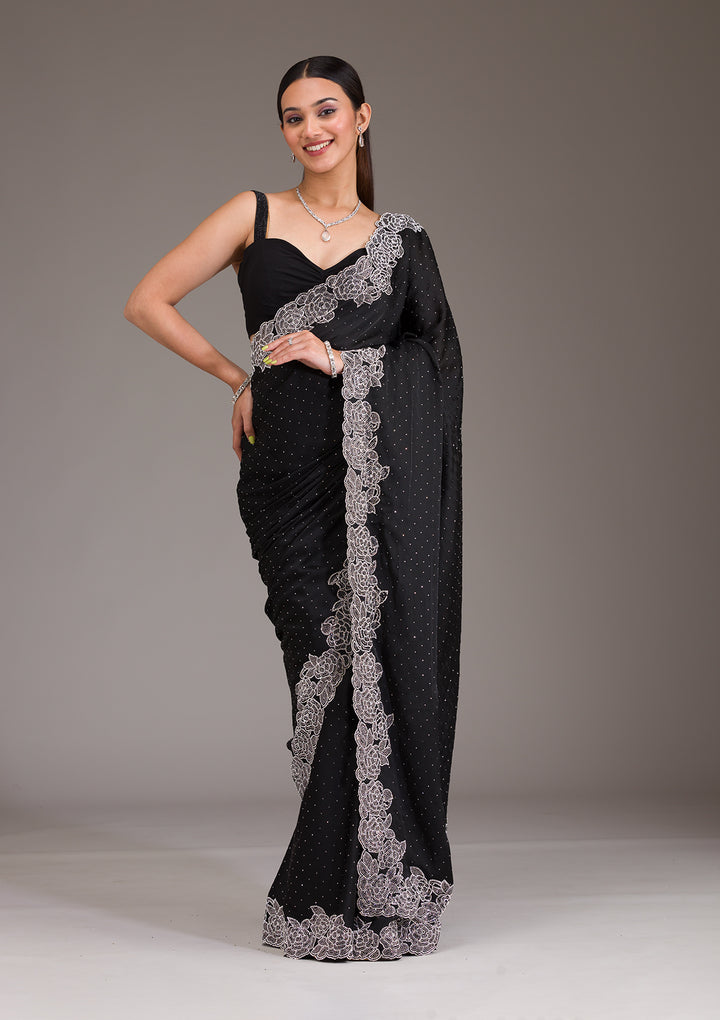 Black Swarovski Satin Saree