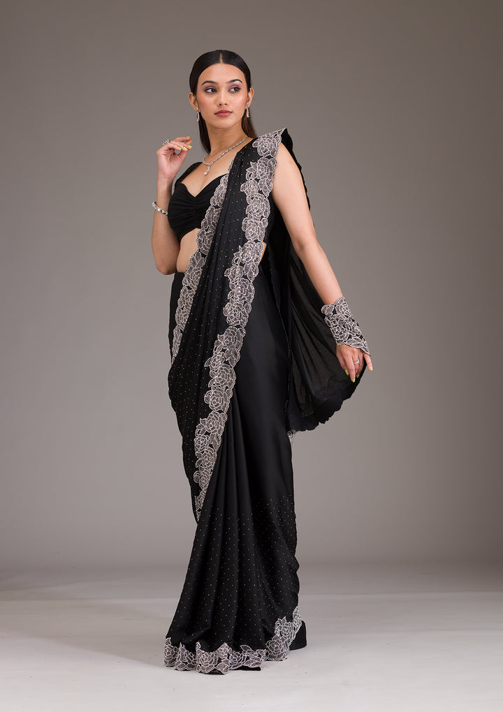 Black Swarovski Satin Saree