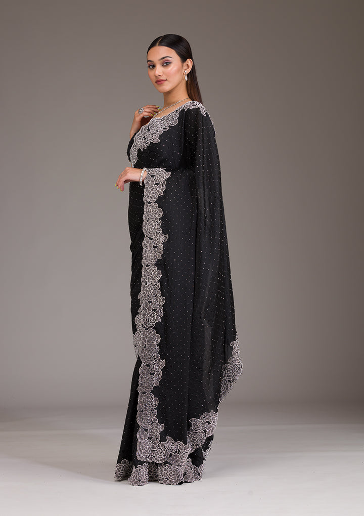 Black Swarovski Satin Saree