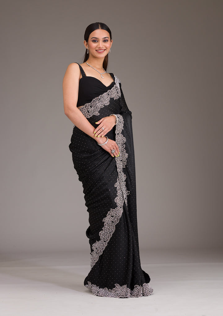 Black Swarovski Satin Saree