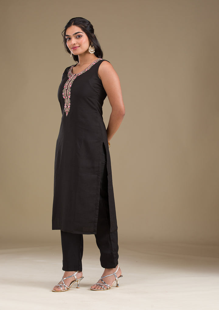 Black Threadwork Art Silk Readymade Salwar Suit