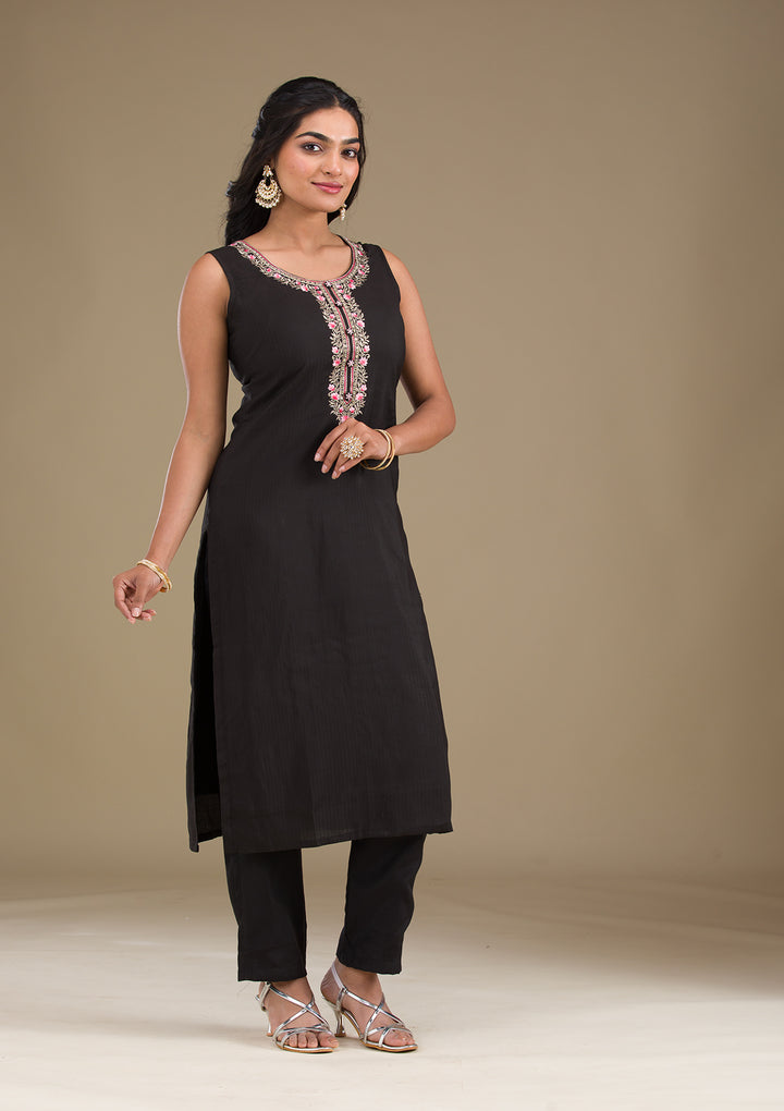 Black Threadwork Art Silk Readymade Salwar Suit