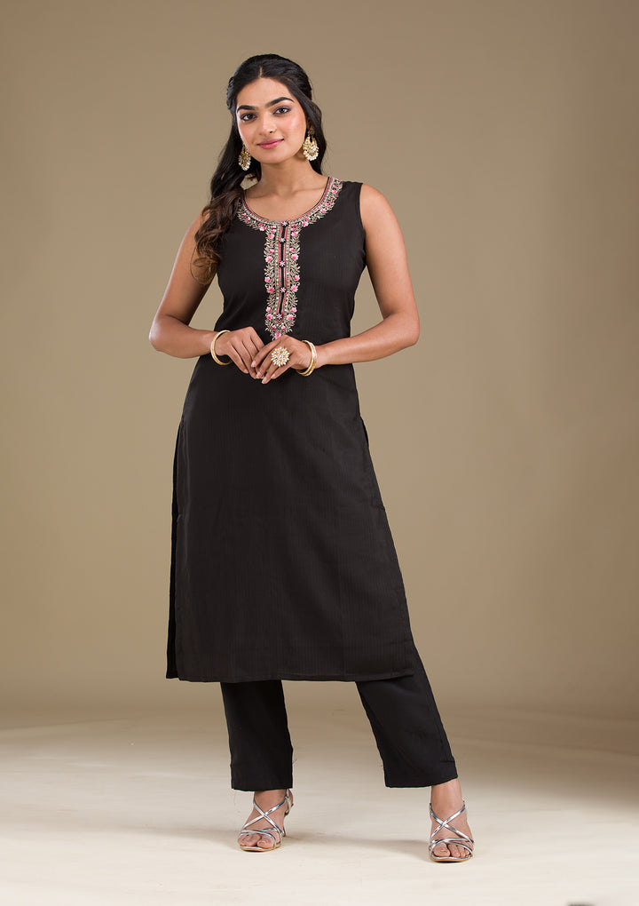 Black Threadwork Art Silk Readymade Salwar Suit