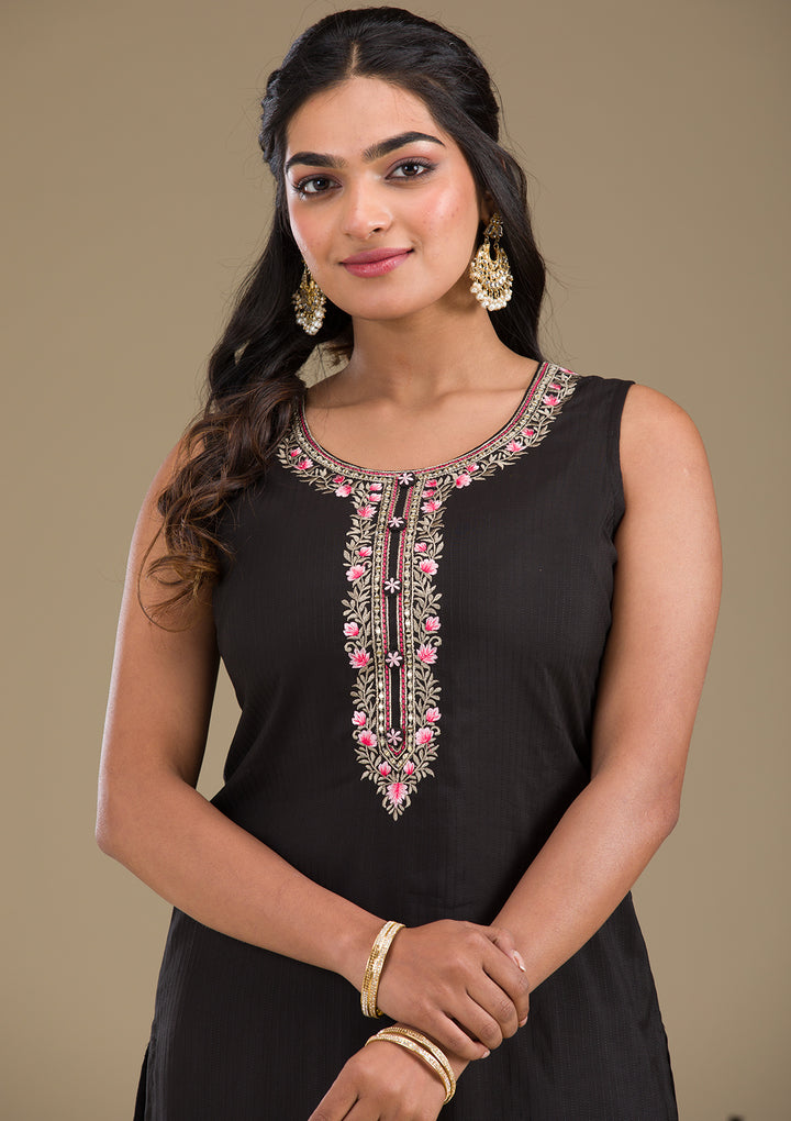 Black Threadwork Art Silk Readymade Salwar Suit