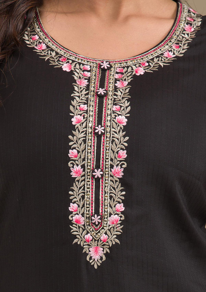 Black Threadwork Art Silk Readymade Salwar Suit
