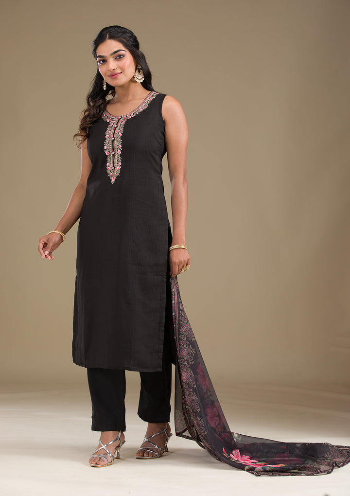 Black Threadwork Art Silk Readymade Salwar Suit