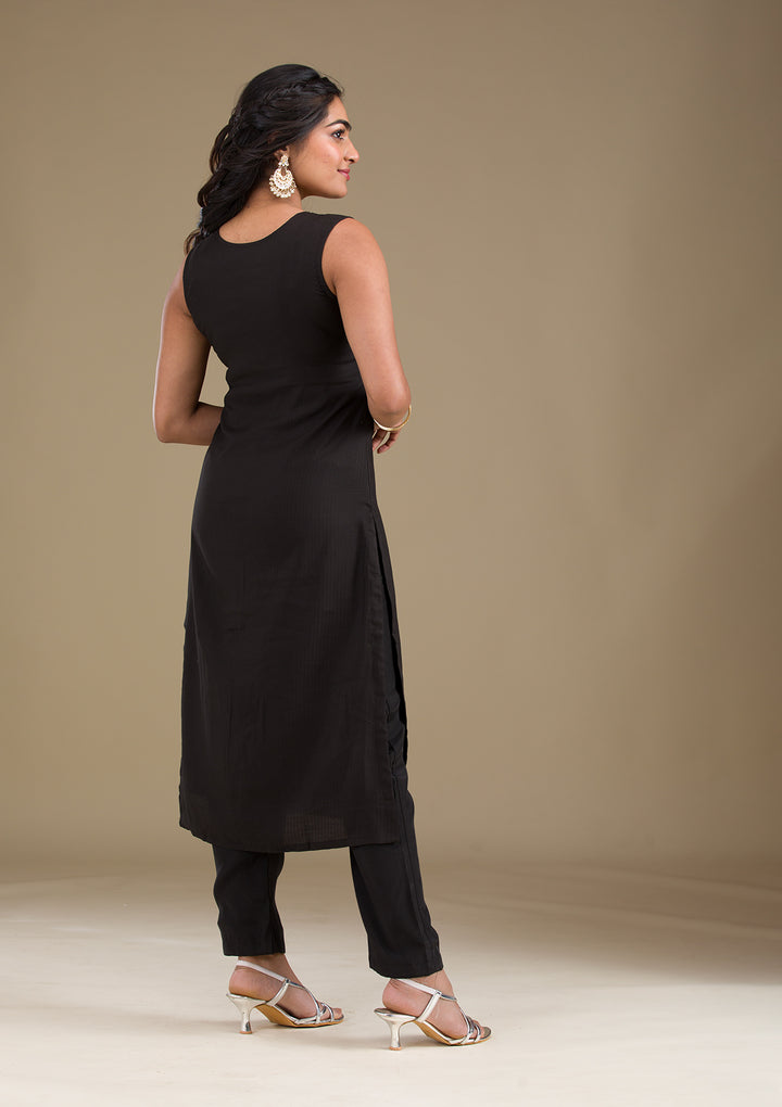 Black Threadwork Art Silk Readymade Salwar Suit