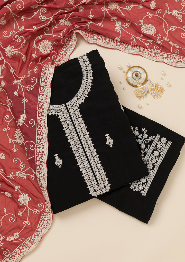 Black Threadwork Art Silk Unstitched Salwar Suit