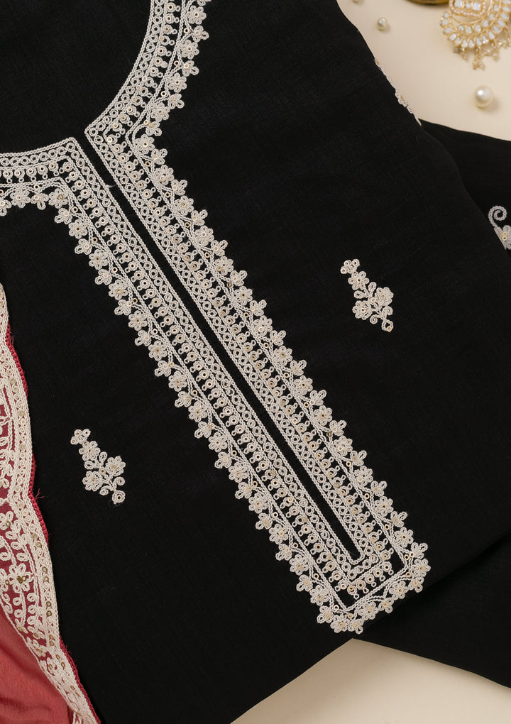 Black Threadwork Art Silk Unstitched Salwar Suit