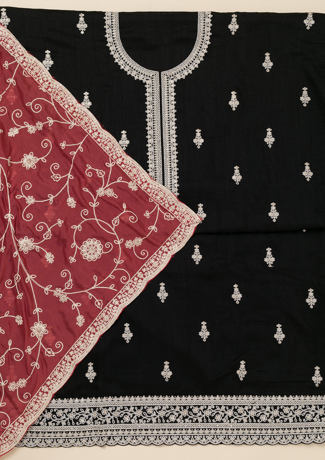 Black Threadwork Art Silk Unstitched Salwar Suit