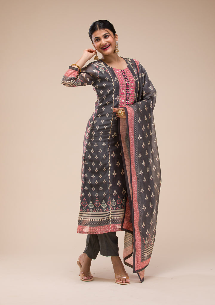 Black Threadwork Chanderi Readymade Salwar Suit