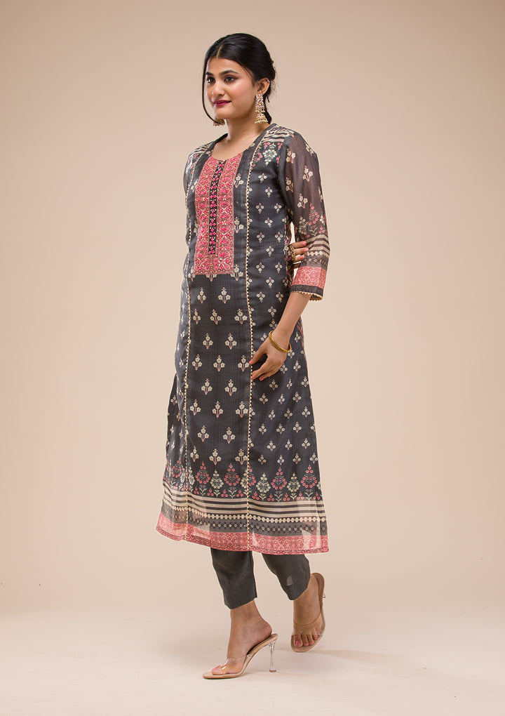 Black Threadwork Chanderi Readymade Salwar Suit